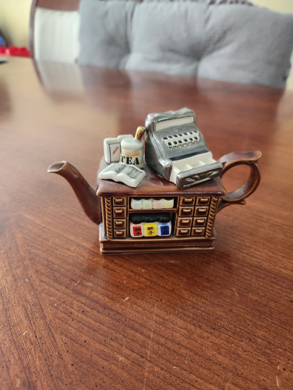 Decorative Brown Ceramic Teapot with Vintage Desk Motif - Unbranded